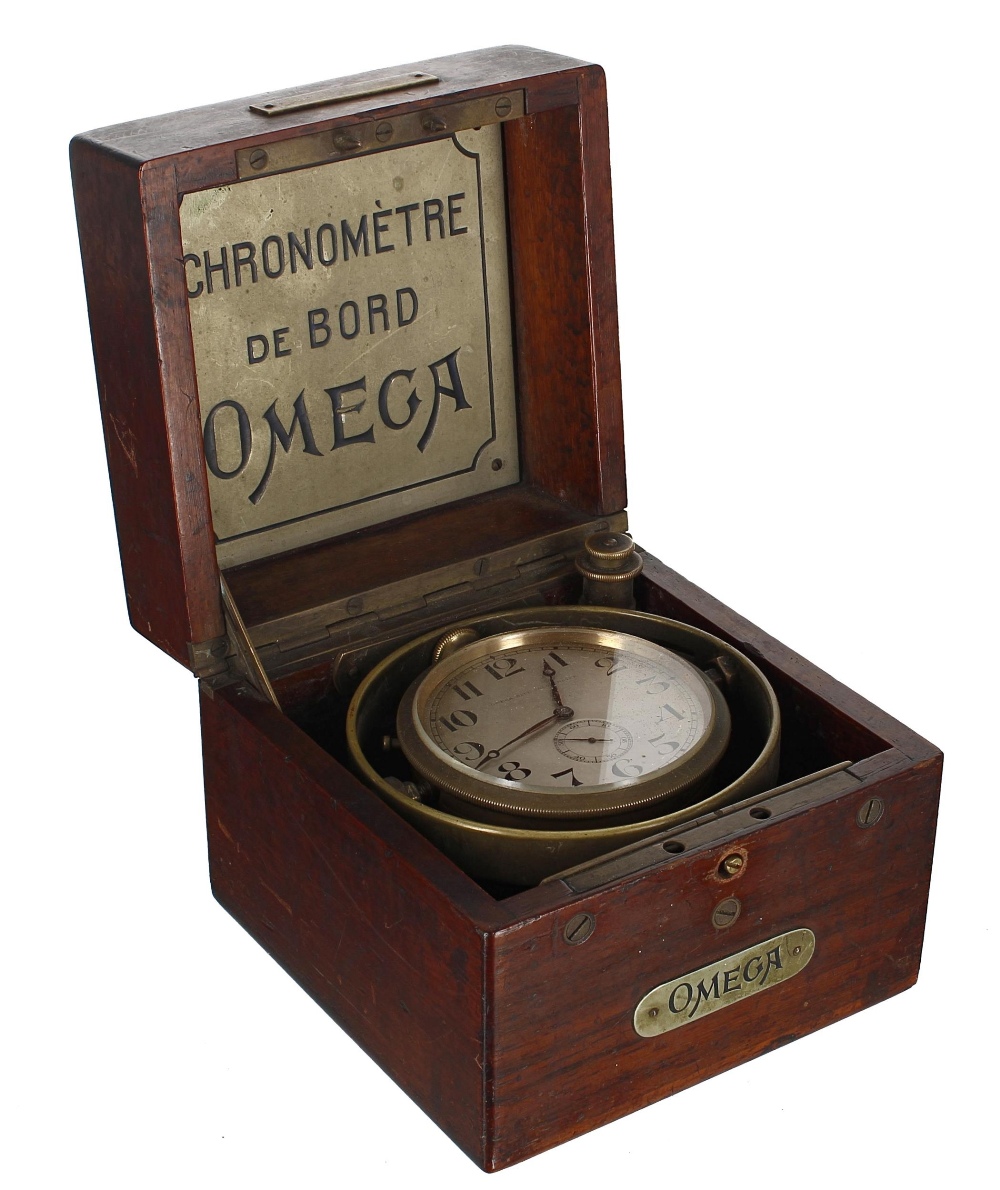Rare Omega, Chronométre de Bord mahogany cased small marine deck chronometer, the 2.5" silvered dial