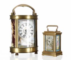 Reproduction carriage clock timepiece, within an oval brass case with painted porcelain panels