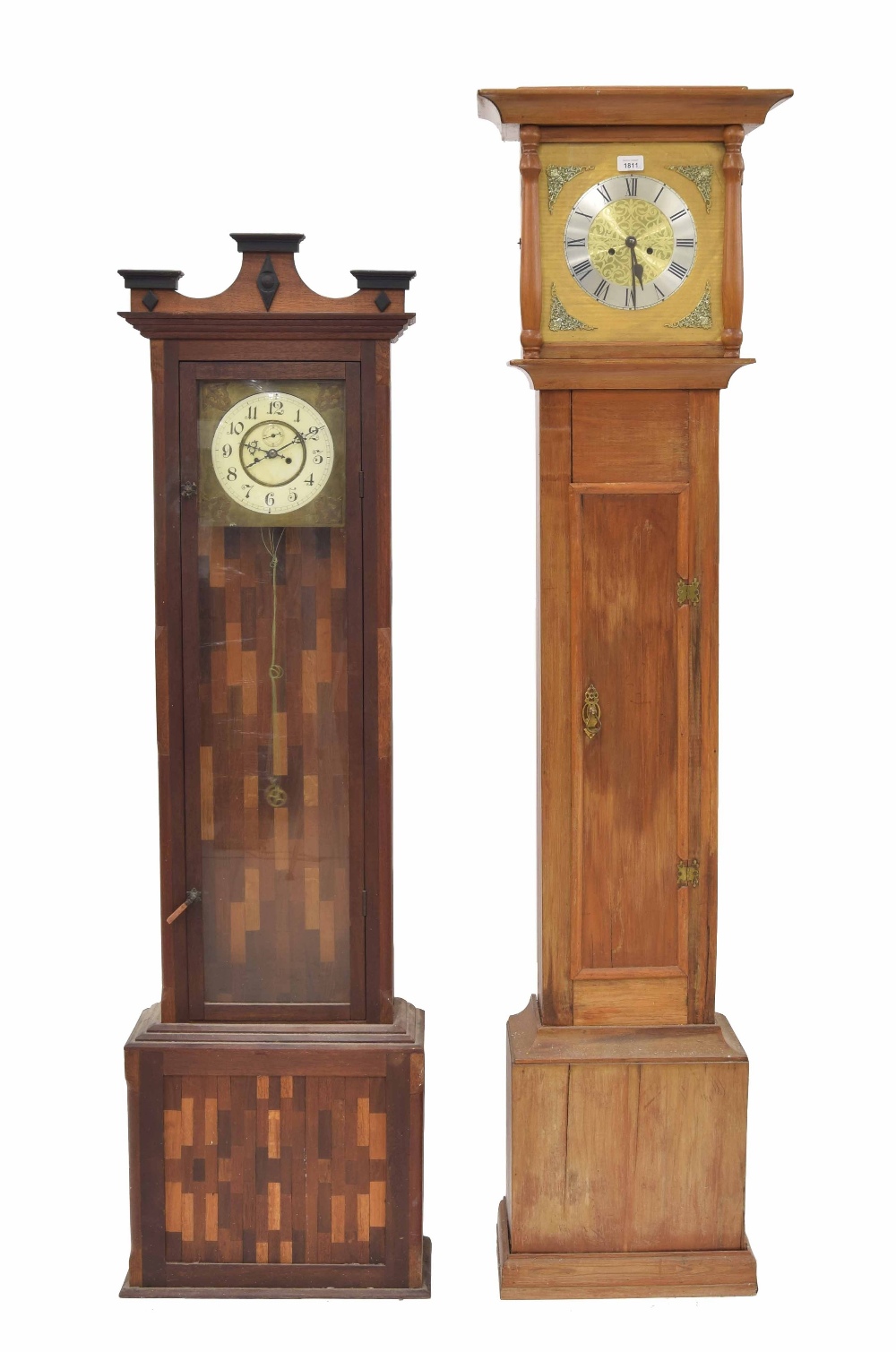 Stripped pine longcase clock with associated two train spring driven movement; also a grandmother