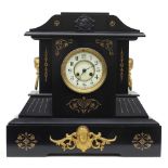 French black slate and gilt metal mounted two train mantel clock striking on a gong, the 4.75" cream