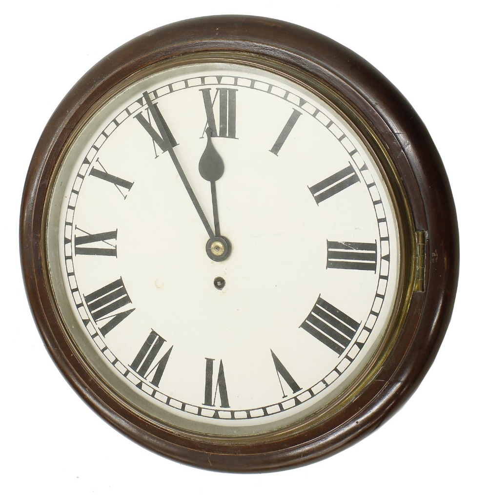 Mahogany single fusee 12" wall dial clock, within a turned surround (pendulum and two keys)