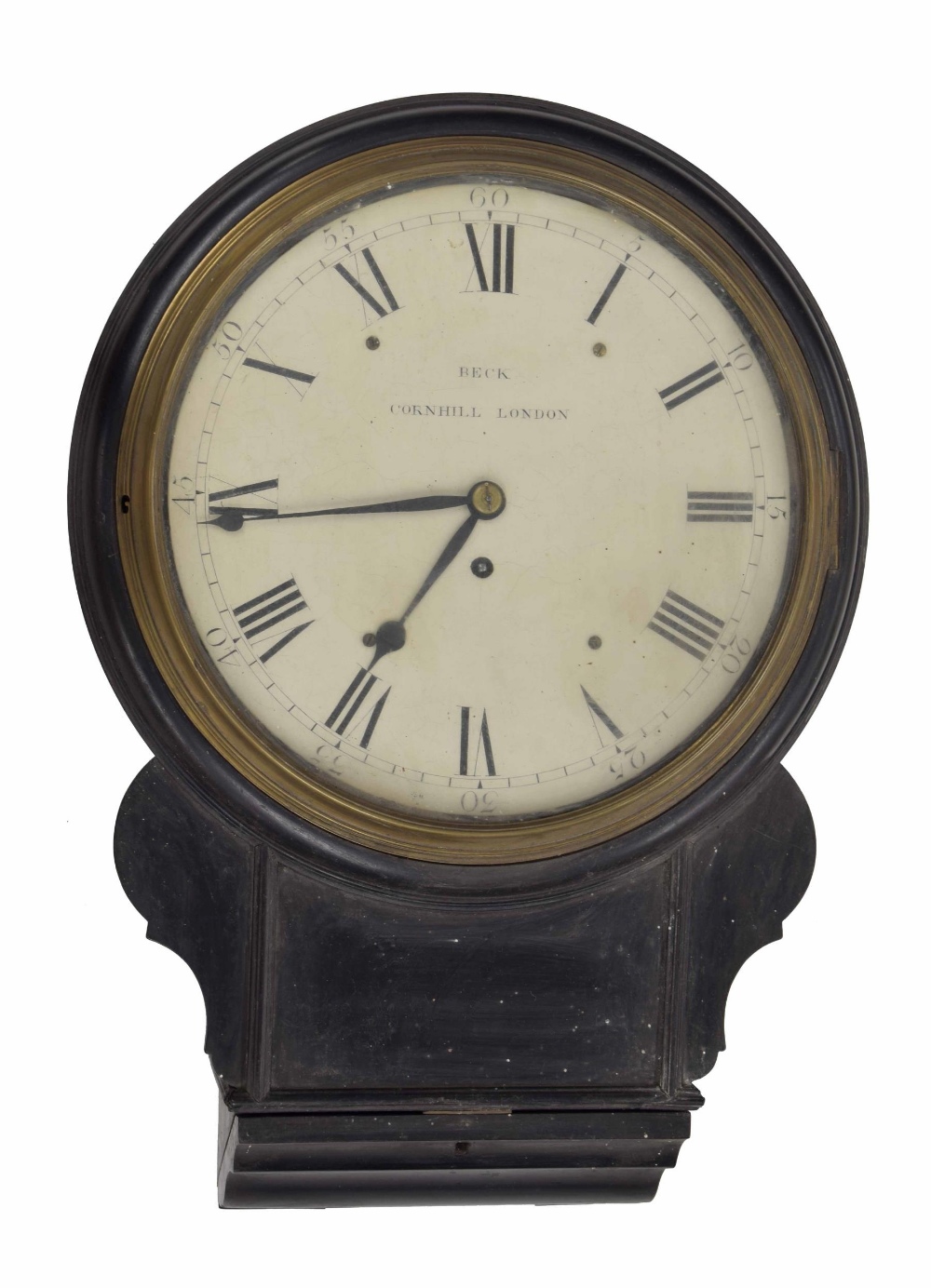 Ebonised single fusee 12" drop dial wall clock signed Beck, Cornhill, London, within a turned