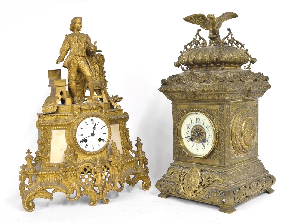 French gilt metal and white marble mounted two train figural mantel clock, the 3.5" white dial