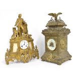 French gilt metal and white marble mounted two train figural mantel clock, the 3.5" white dial