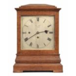 English oak triple fusee library mantel clock, the 8" square silvered dial plate signed Gaze,