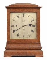 English oak triple fusee library mantel clock, the 8" square silvered dial plate signed Gaze,