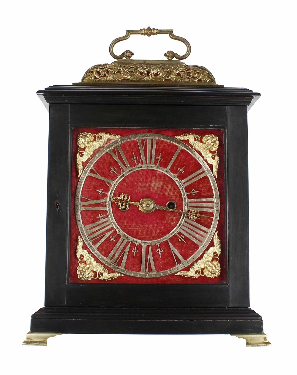 English ebonised double fusee bracket clock, the 7.5" square burgundy velvet clad dial plate with