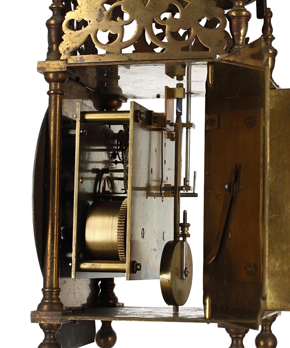 Brass two train lantern clock case with later movement, the 6.5" brass dial enclosing a foliate - Image 3 of 4