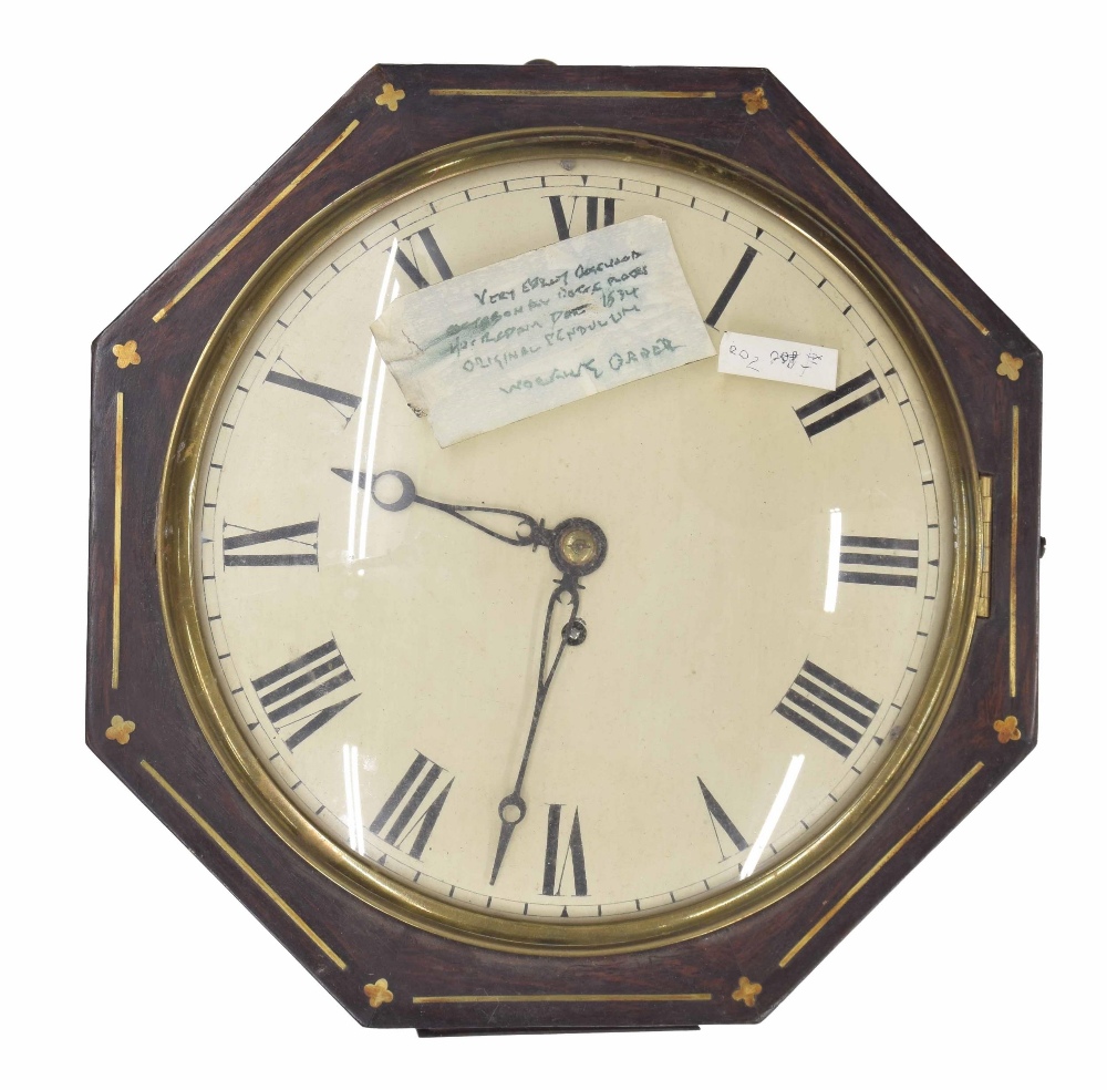 Early English rosewood single fusee 10" convex dial wall clock, within an octagonal case inlaid with