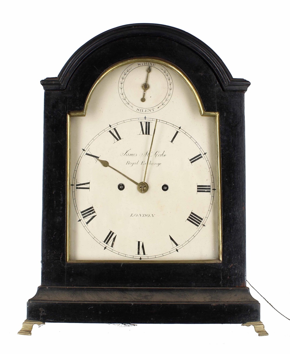 English ebonised double fusee bracket clock, the 8" cream dial signed James McCabe, Royal