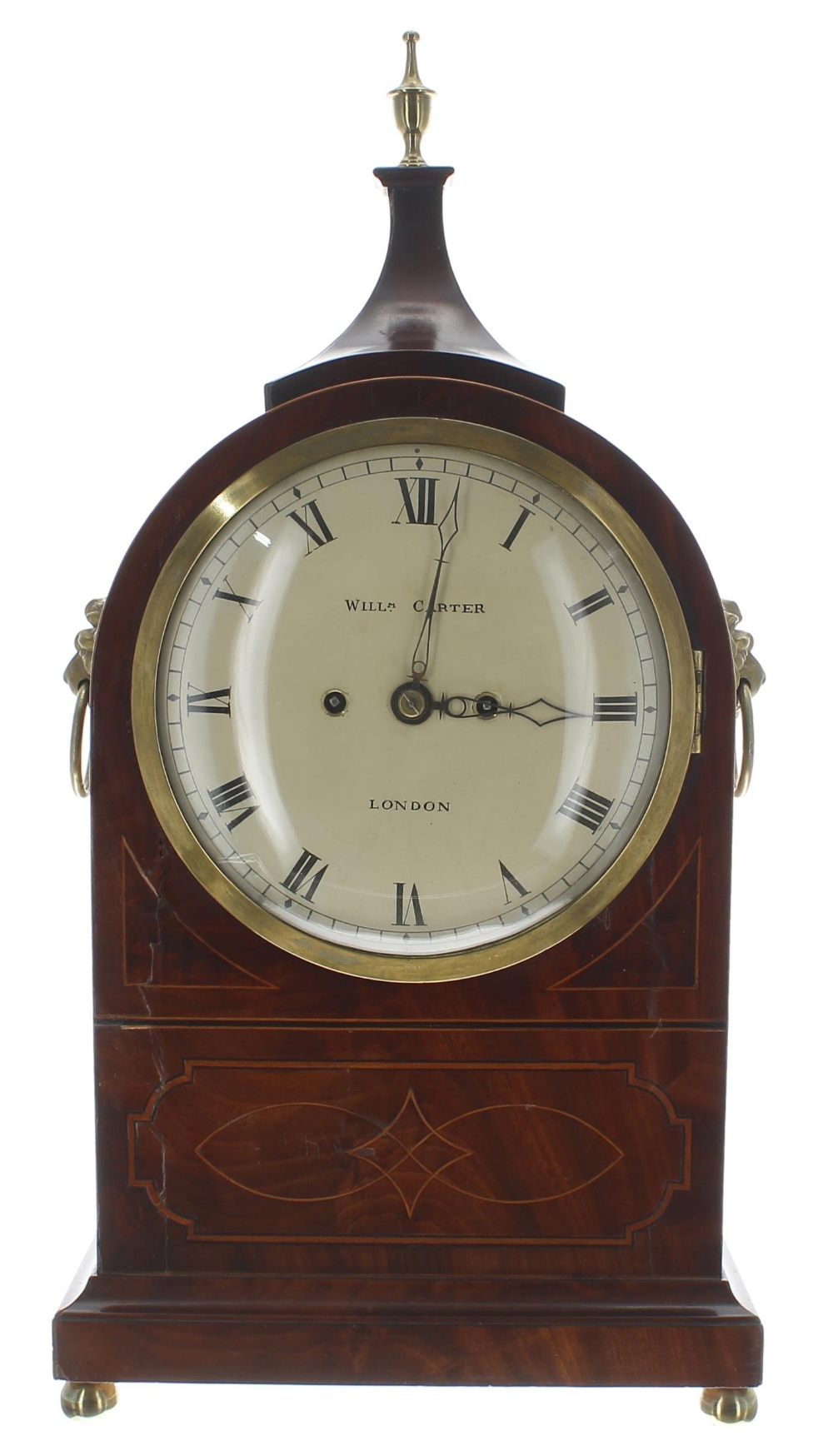 Good English mahogany and inlaid double fusee bracket clock, the 8" convex cream dial signed William