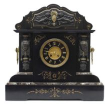 Good French black slate and coloured marble two train mantel clock, the Mougin movement striking