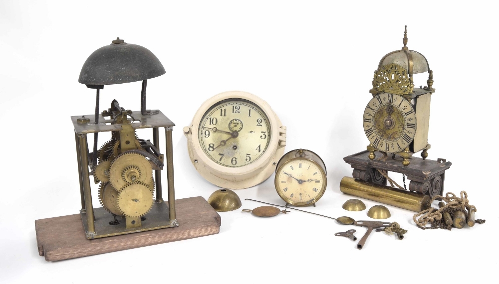 Small reproduction brass lantern clock, 9" high overall, with bracket; also three other various