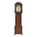 Oak and mahogany eight day longcase clock, the 14" painted arched dial signed Thos Joyce,