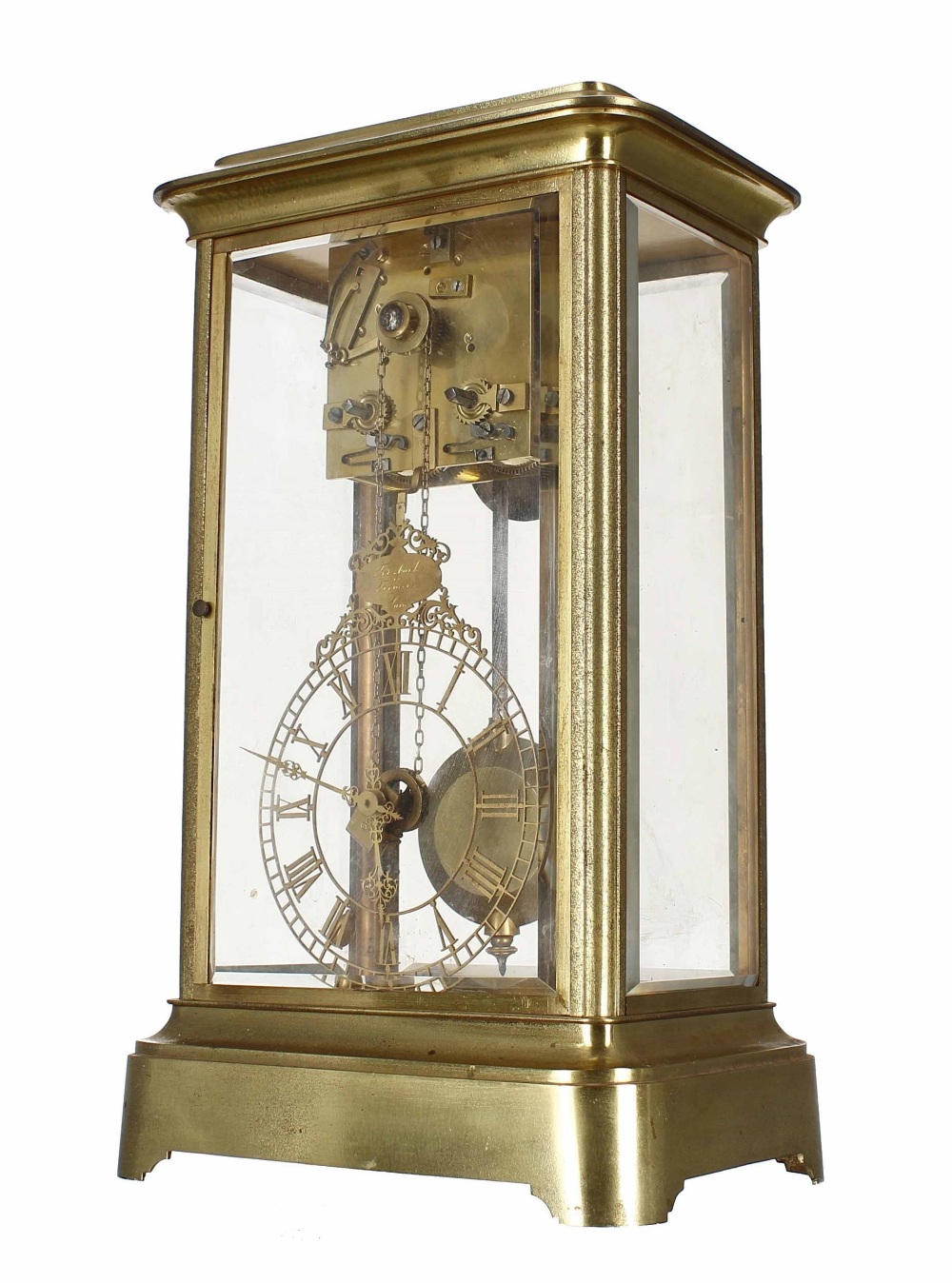 Rare and unusual brass four glass two train mantel clock, the movement housed to the top of the - Image 2 of 3