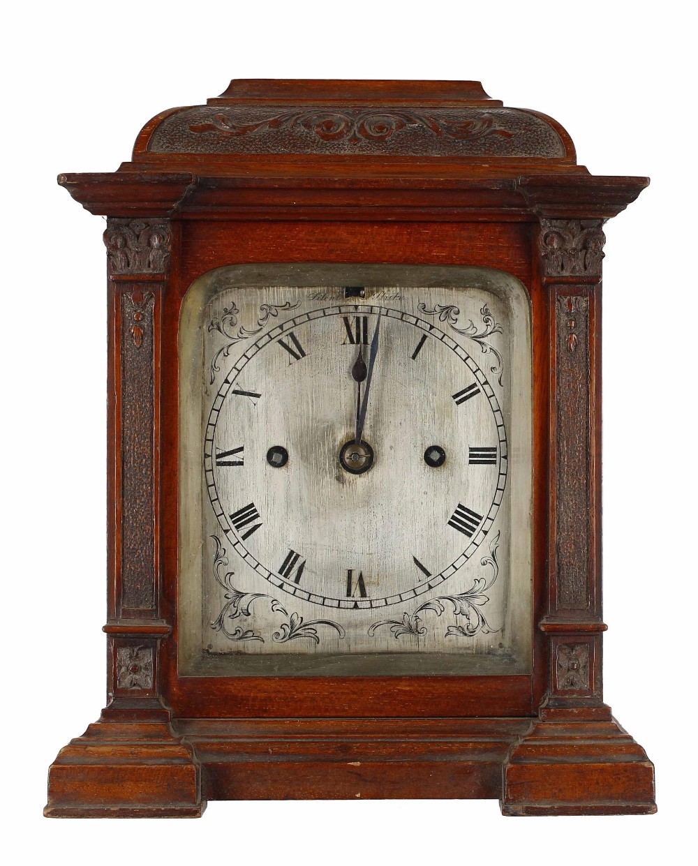 Small English walnut double fusee bracket clock, the silvered foliate engraved dial plate with