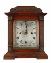 Small English walnut double fusee bracket clock, the silvered foliate engraved dial plate with
