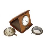 Two travel clocks, one within a travel case; together with a nickel travel clock case (3)