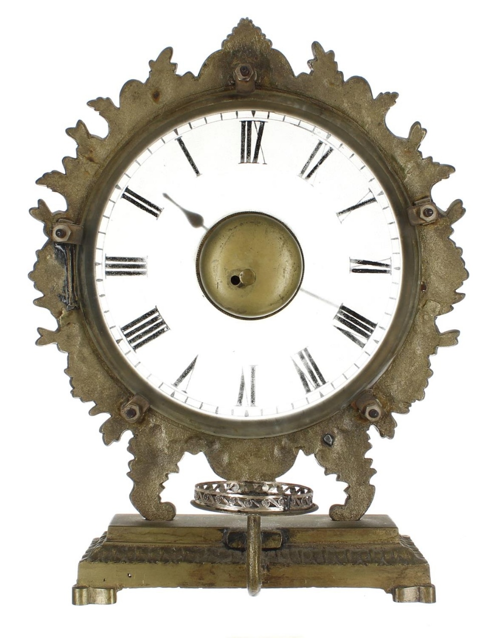 Interesting brass night clock, the 6.5" glass chapter ring fitted with a pocket watch movement to - Image 2 of 2