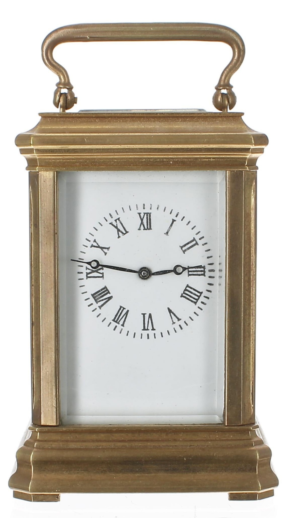 Miniature contemporary carriage clock timepiece, the movement back plate and base stamped no.