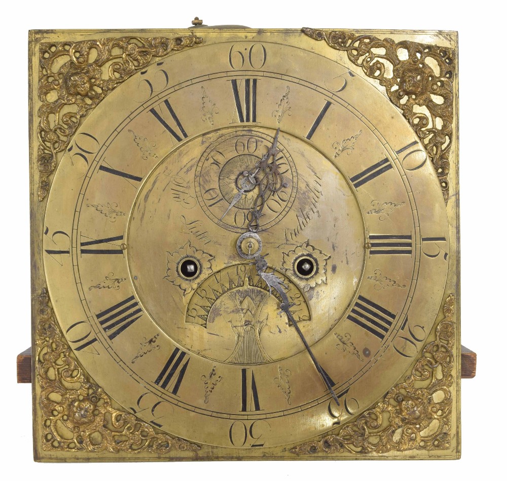 Eight day longcase clock movement, the 12" square brass dial signed Thomas Lister, Luddenden to