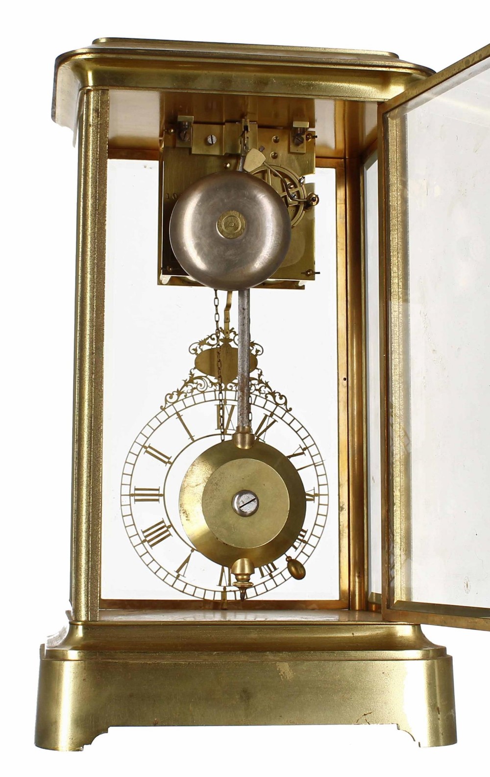 Rare and unusual brass four glass two train mantel clock, the movement housed to the top of the - Image 3 of 3