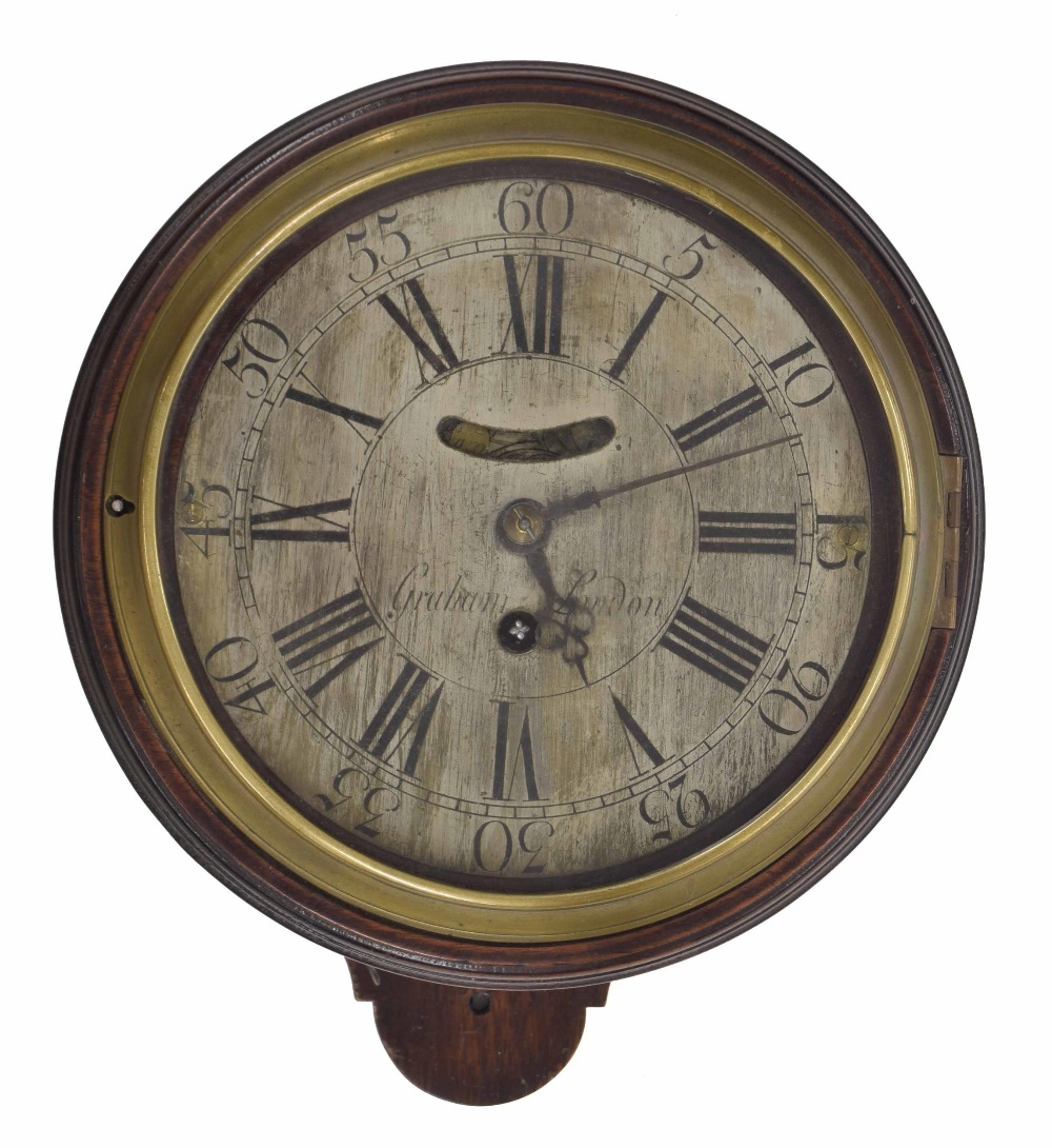Small mahogany single fusee verge wall dial clock, the 7" silvered dial signed Graham, London with