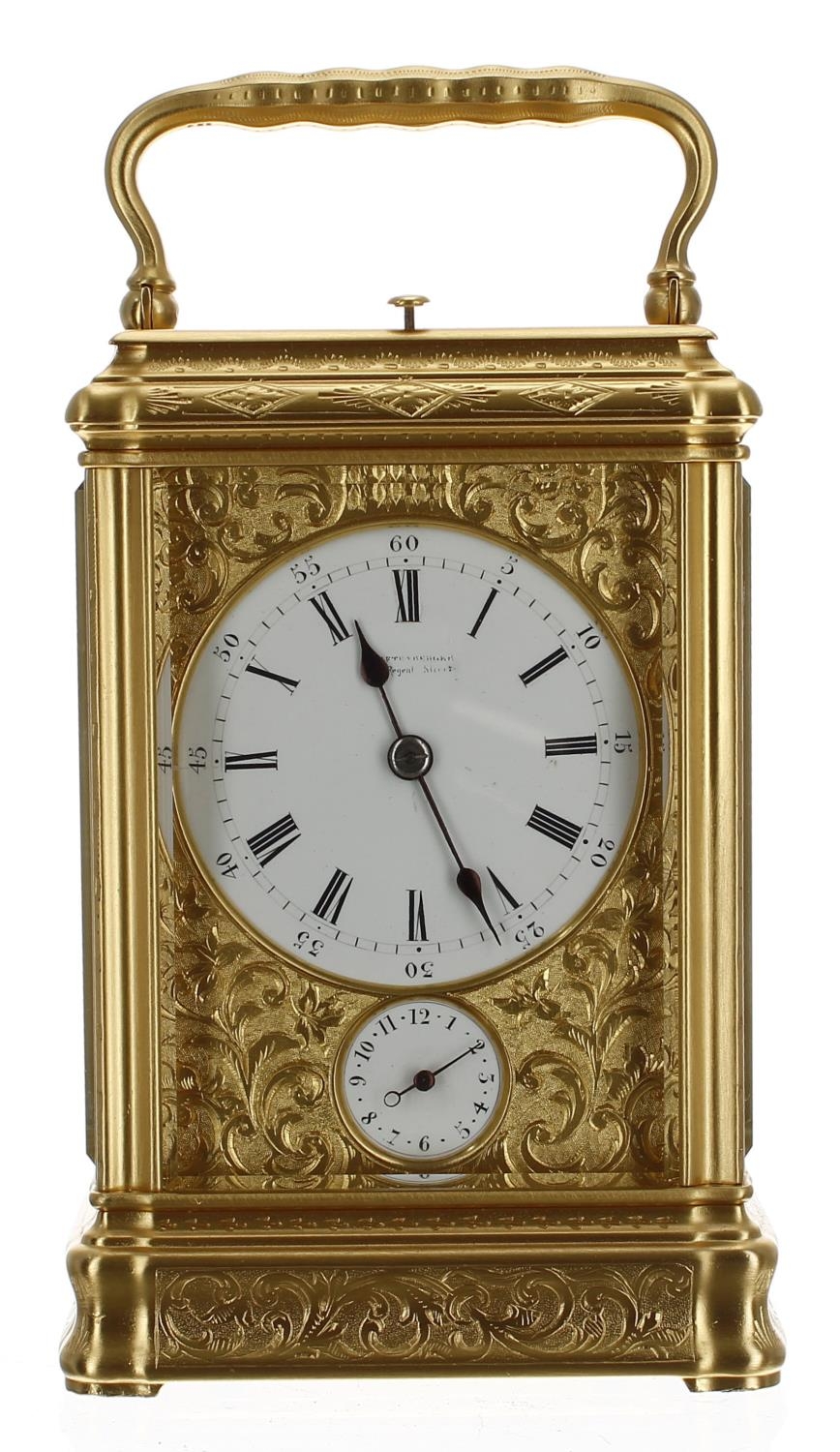 Fine Grande Sonnerie repeater carriage clock with alarm, the movement back plate stamped