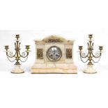 French white and orange veined onyx two train mantel clock garniture striking on a gong, within a
