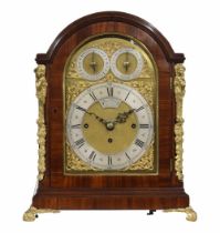 Good English triple fusee mahogany bracket clock, the 8" brass arched dial signed Peter Wisel,