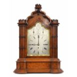 Good English walnut gothic triple fusee boardroom clock, the silvered foliate engraved dial with
