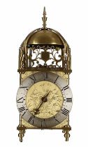 Contemporary brass verge lantern clock signed Peter Mairavers, Nantwich on the front fret, over a