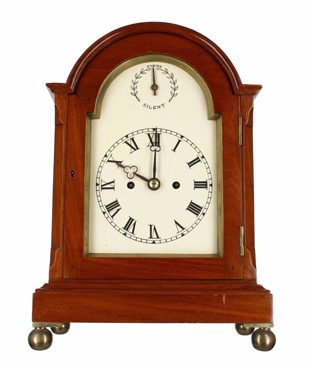 Walnut double fusee bracket clock, the 6.5" painted arched dial with strike/silent subsidiary dial