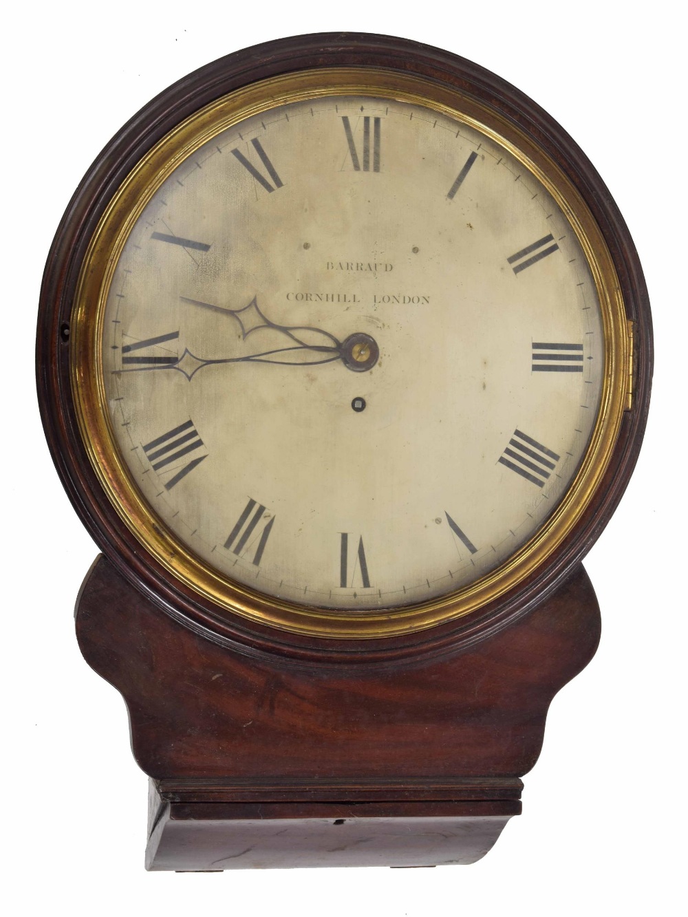 Mahogany single fusee 12" drop dial wall clock, the silvered dial signed Barraud, Cornhill,