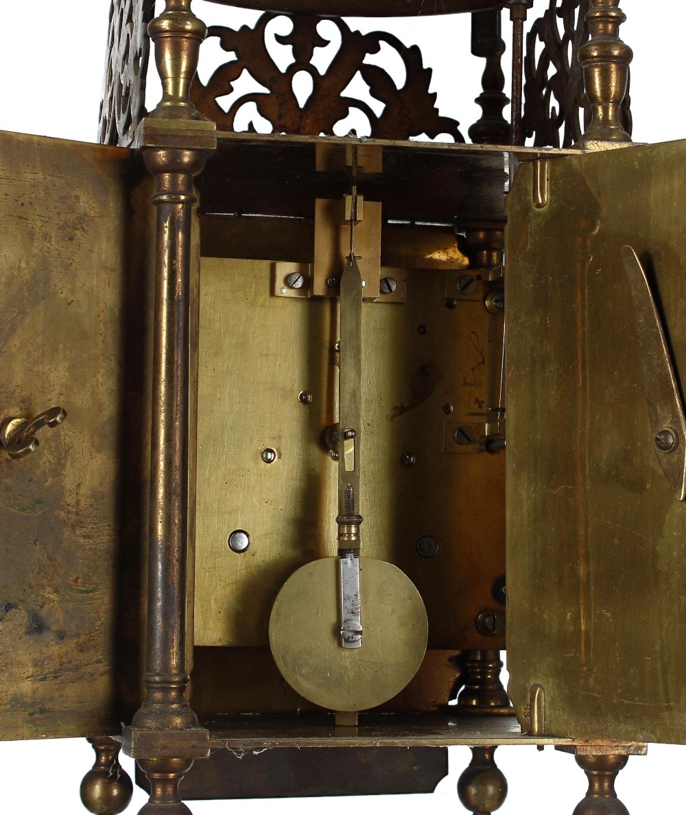 Brass two train lantern clock case with later movement, the 6.5" brass dial enclosing a foliate - Image 4 of 4