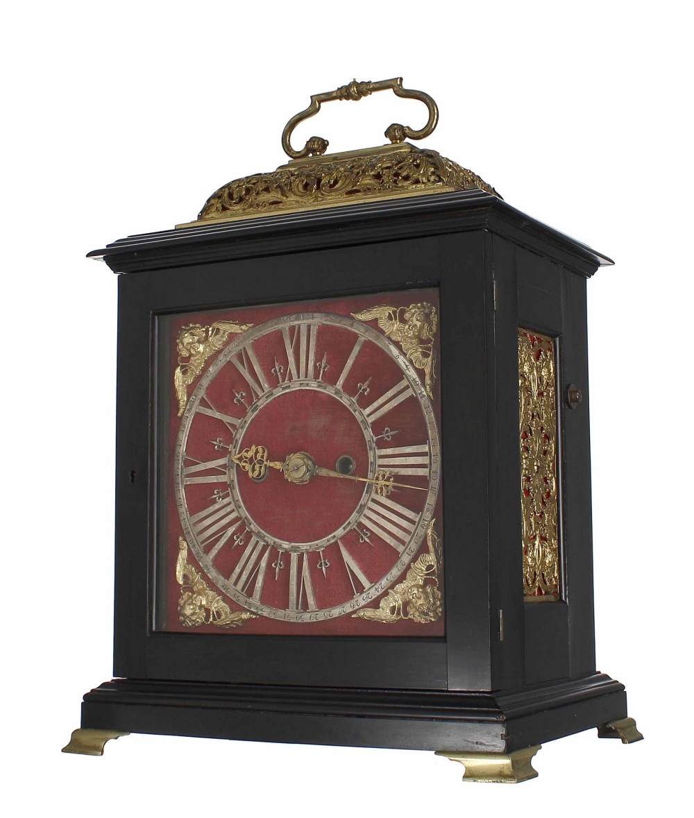 English ebonised double fusee bracket clock, the 7.5" square burgundy velvet clad dial plate with - Image 2 of 3