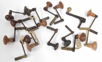Fifteen crank handled clock winding keys, with turned wooden handles (15)