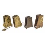 Four various old incomplete single fusee clock movements with A-shaped plates, one key and one