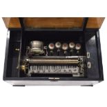 Large rosewood music box, the 13" cylinder playing twelve airs, fitted with five bells, painted bird