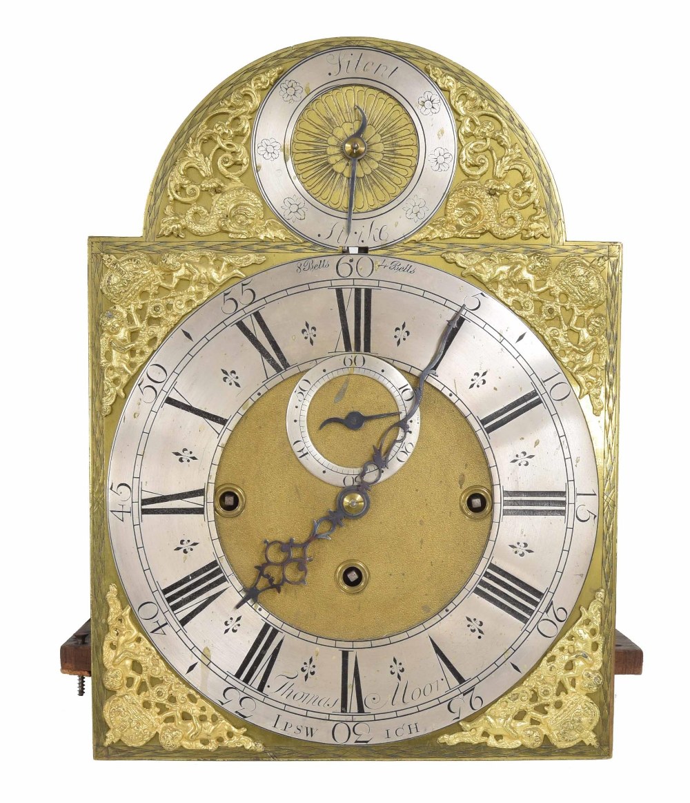 English green lacquer and chinoiserie decorated three train longcase clock, the 12" brass arched - Image 2 of 3