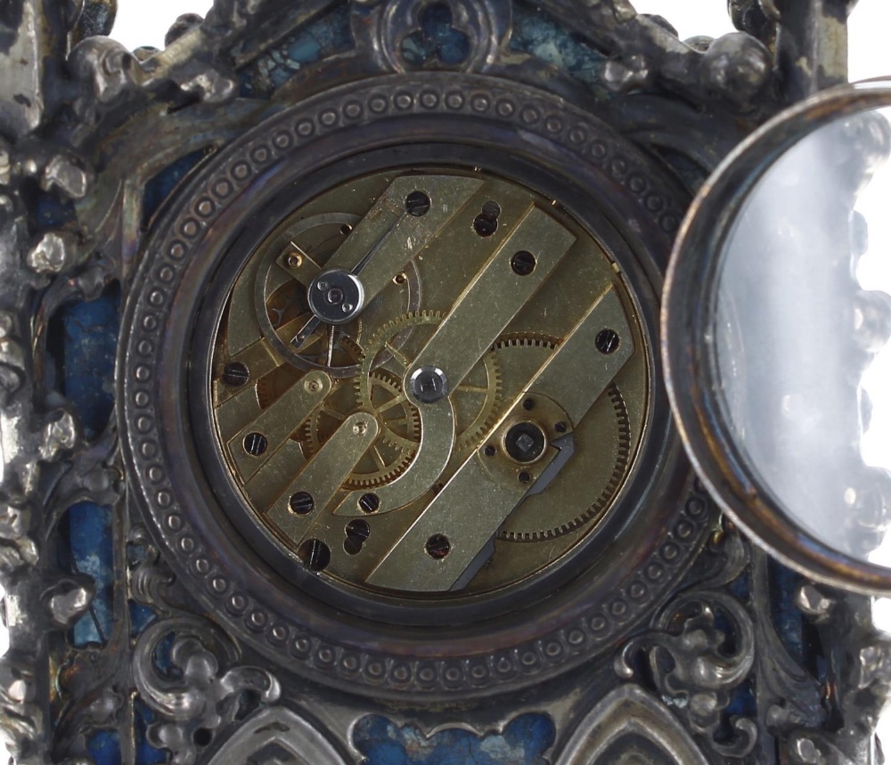Attractive miniature silvered lapis lazuli gothic mantel clock timepiece with later movement, within - Image 3 of 3