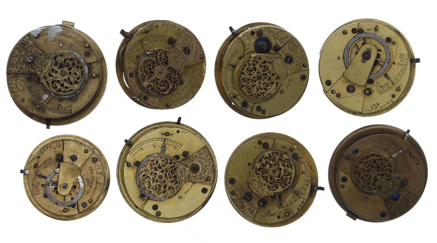Eight fusee verge pocket watch movements, including makers Jones, Strand; Josh Johnson, London (8)