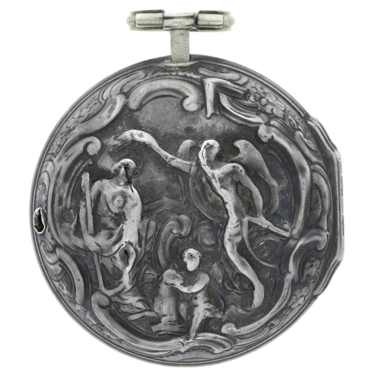 Mich Reanes, London - English 18th century repoussé silver pair cased verge pocket watch, London - Image 8 of 10