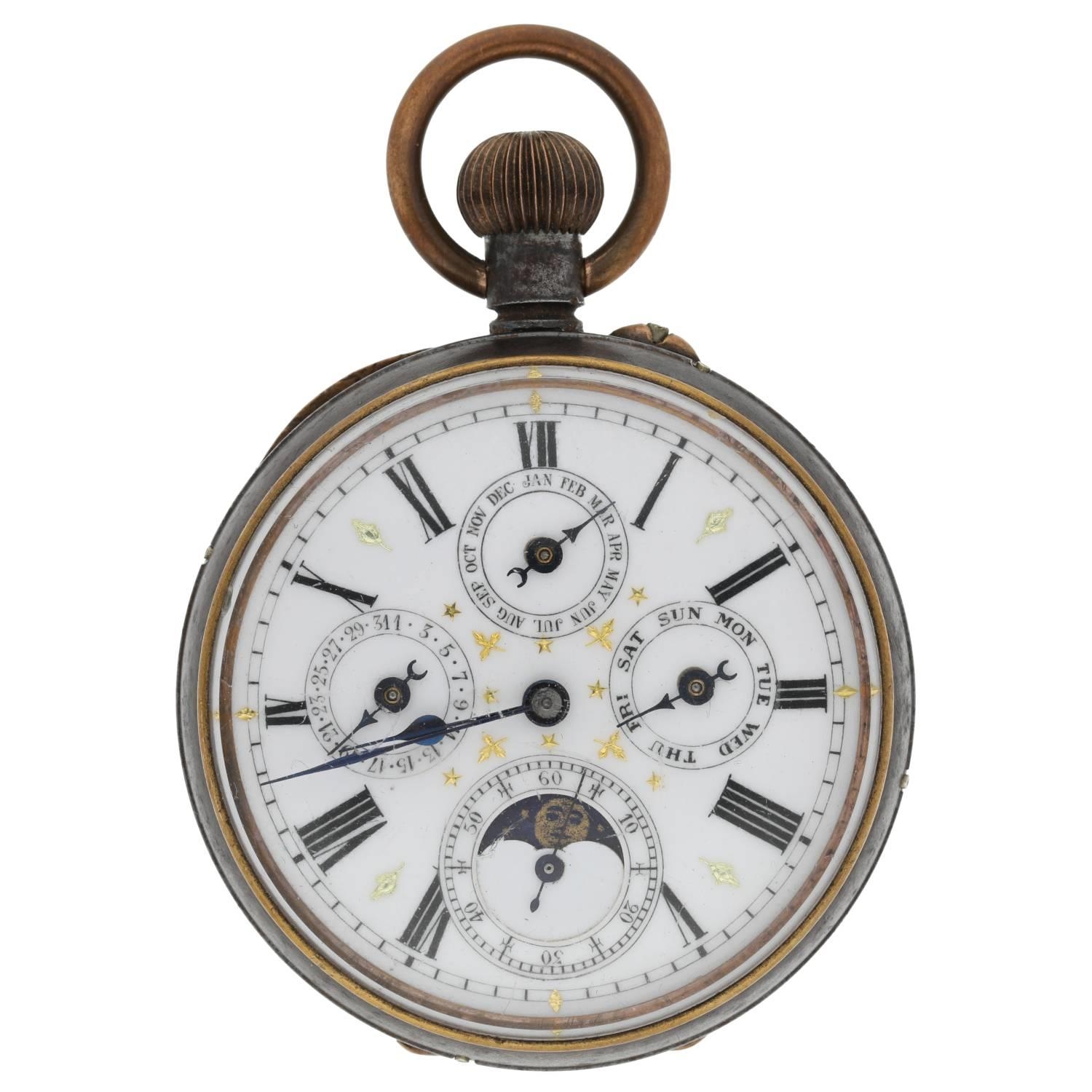 Swiss gunmetal calendar lever pocket watch, pin-set gilt frosted bar movement with compensated - Image 2 of 5