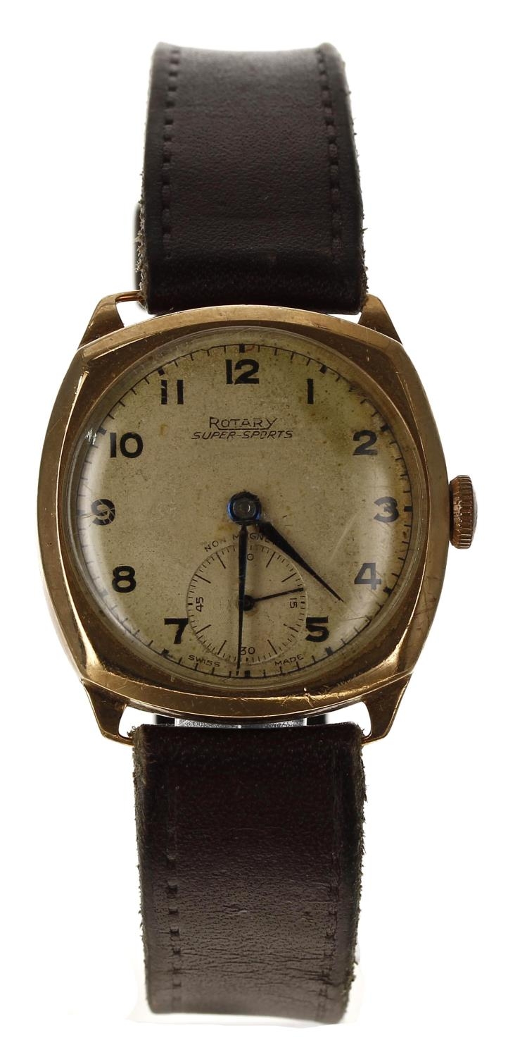 Rotary Super-Sports 9ct wire-lug cushion cased gentleman's wristwatch, Birmingham 1950, circular