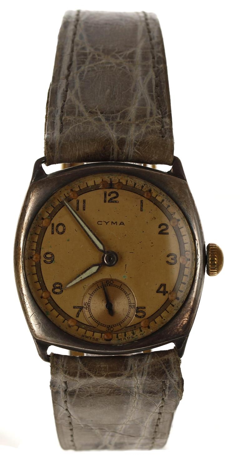 Cyma silver wire-lug cushion cased gentleman's wristwatch, import hallmarks Glasgow 1937, circular