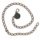 9ct rose gold open link watch Albert chain, with 9ct clasp and a Victoria 'Young Head' threepence