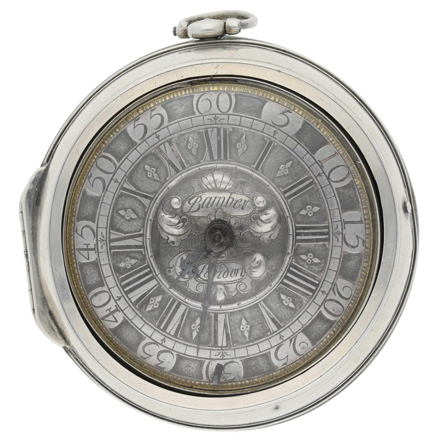 Thomas Bamber, London - English early 18th century silver pair cased verge pocket watch, signed deep - Image 2 of 10