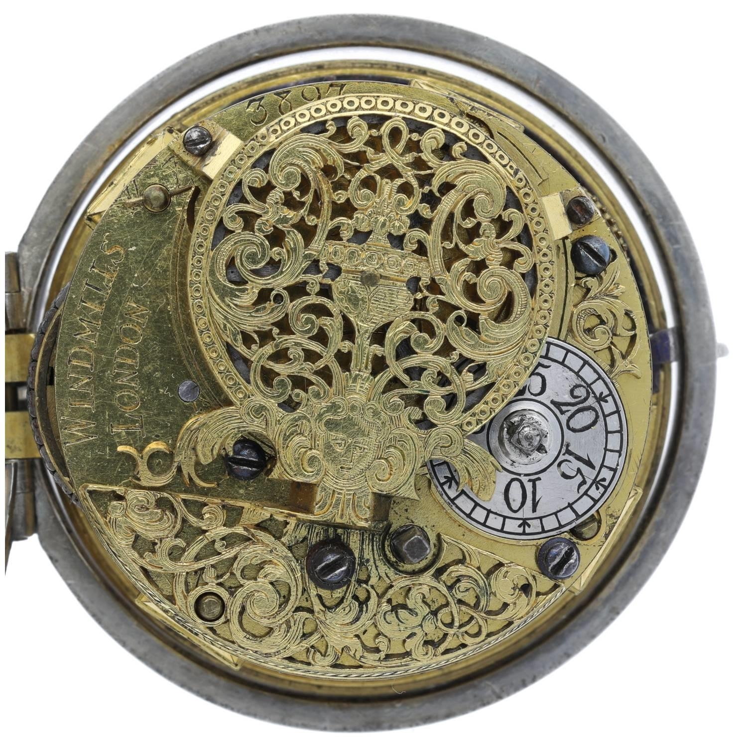 Windmills, London - English early 18th century silver pair cased verge pocket watch, circa 1705, the - Image 4 of 11