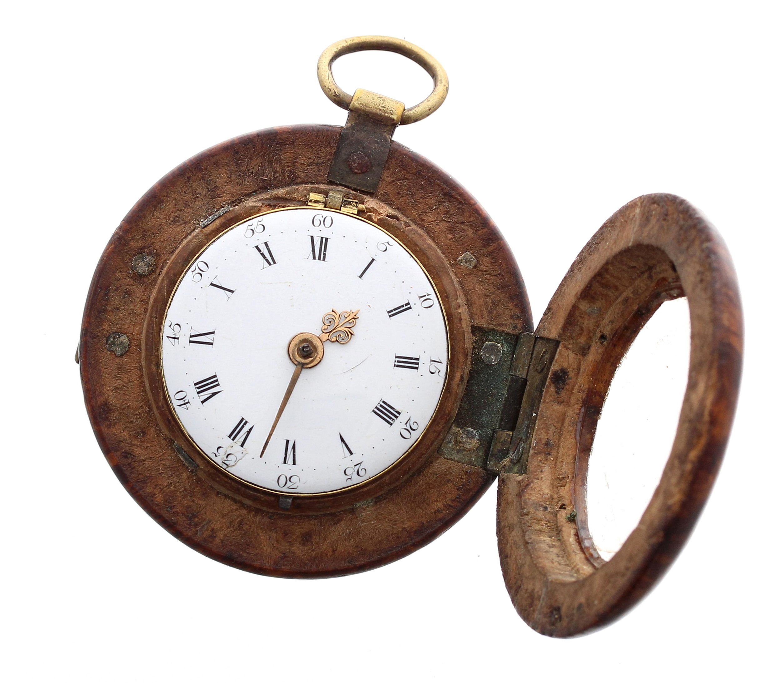 Thos. Power, St Alban - unusual English 18th century verge burr wood cased pocket watch, the fusee - Image 4 of 5